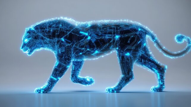 A glowing digital lion illustration in vibrant blue showcasing modern technology.