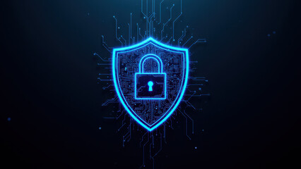 Fototapeta premium A digital graphic of a lock with blue cyber-inspired details, symbolizing internet security.