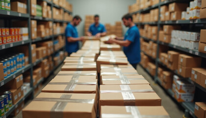 Volunteers efficiently sort boxes in a warehouse