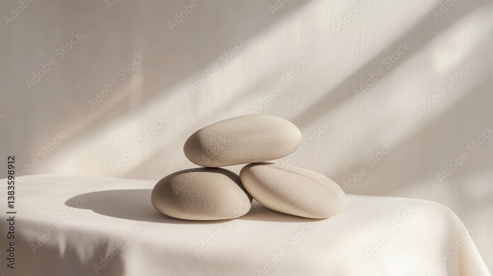 Poster sculptural arrangement of smooth river stones on a neutral surface with soft lighting showcasing min