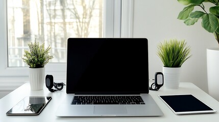 Fototapeta premium Clean workspace with laptop, tablets and plants for remote work setup
