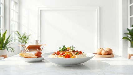 A bright, minimalist kitchen setting features a bowl of a creamy pasta dish with vibrant vegetables, accompanied by additional food items on a clean, white marble table.