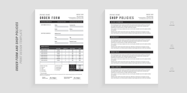 Minimal black and white order form and shop policies design template set