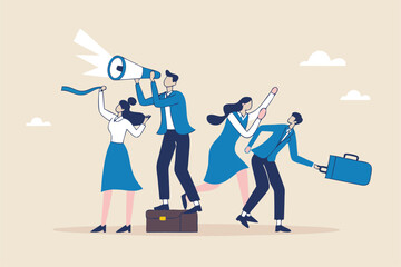 Obraz premium Recruitment, human resources searching for candidate, hiring or finding staff for vacancy, marketing search for client or customer concept, business people searching with binoculars and megaphone.