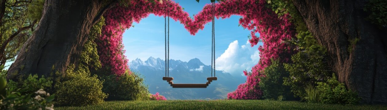 A romantic swing nestled in a heart-shaped flower arch.