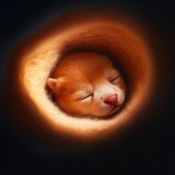 A serene baby cat sleeping peacefully in a cozy, rounded space.