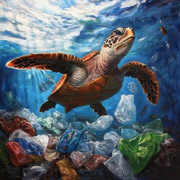 A sea turtle gracefully swims through ocean plastic pollution underwater.