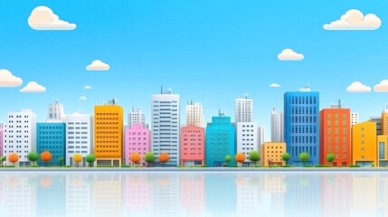 Vibrant Cityscape: A Colorful Panorama of Modern Architecture Reflected in Calm Waters