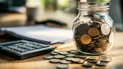 Personal finance strategies money jar savings home office financial planning indoor close-up wealth management