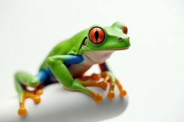Obraz premium Green tree frog perched on white, vibrant skin, biology, studio shot, green
