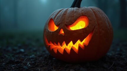 Fototapeta premium Close-up of a sinister jack-o'-lantern with sharp, menacing eyes and a jagged grin, glowing from within against a dark foggy background, eerie Halloween atmosphere