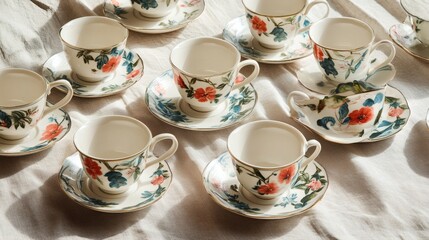 Floral teacups arranged on fabric, sunlight background; perfect for websites, blogs, or home decor