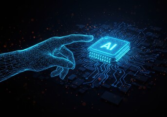 A luminous digital hand touching an AI chip, representing advanced technology and future concepts.