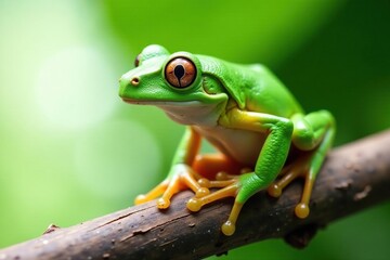 Naklejka premium Green tree frog, perched on white, vibrant color , legs, green