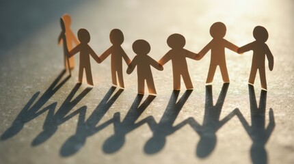 Close-up of paper chain dolls casting intricate shadows on a textured surface, emphasizing the symbolism of connection and human relationships