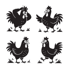   Set of Cartoon Chicken Character Silhouettes in Funny Poses – Collection of Comedic Bird Expressions and Movements for Humor and Animation Projects