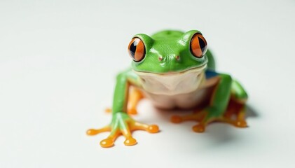 Obraz premium Green tree frog perched on white, vibrant skin, large eyes, pet, isolated object, green frog