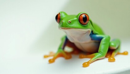 Obraz premium Green tree frog perched on white, vibrant skin, large eyes, studio shot, herpetology