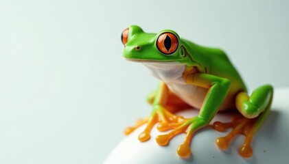 Obraz premium Green tree frog perched on white, vibrant skin, science, chlorophyll