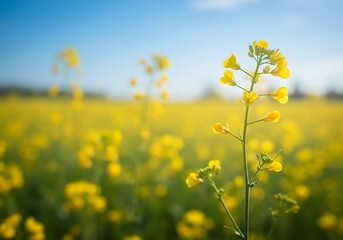 Obraz premium A single vibrant yellow rapeseed flower standing tall in a sun-drenched field, bathed in soft golden light and a gently blurred background.
