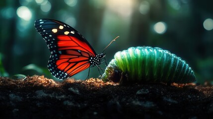 A vibrant butterfly emerges from a cocoon in a serene forest.