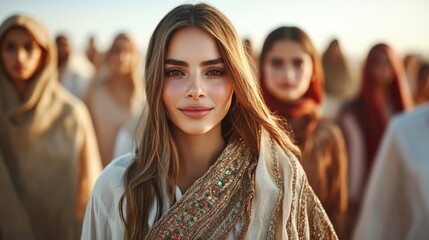 A cheerful and confident woman walks the runway beaming with joy against vibrant background drapery, representing empowerment and positivity in the world of fashion.