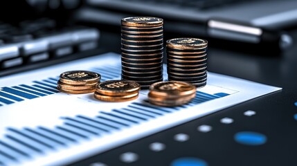 Financial Growth: Coins Stacked on a Financial Report