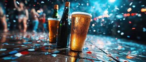 A vibrant celebration with beer bottles and glasses on the floor.