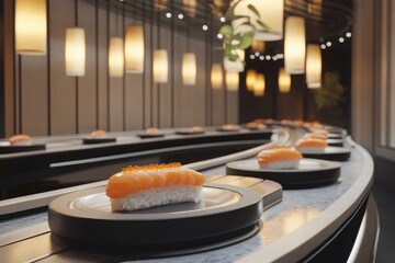 Sushi on a conveyor belt at a restaurant with hanging lights and decorative plants in the background
