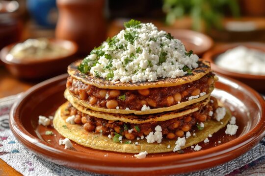 Stack of memelas topped with cheese and parsley on a terracotta plate with bowls in the background