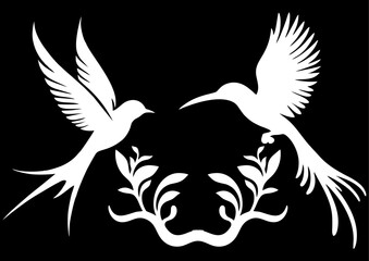 Elegant White Bird Silhouettes with Floral Branch on Black Background