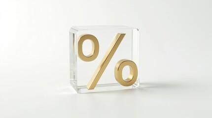 Minimalist percentage cube made of transparent glass with subtle gold accents, placed on a white background for a clean and elegant financial concept