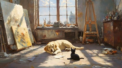 The Lonely Artist&rsquo;s Companions &ndash; A Cat and Dog in a Painter&rsquo;s Studio oil painting