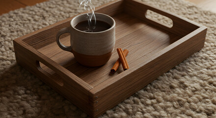 Cozy Rustic Tray Holding Steaming Mug and Cinnamon Sticks on Wool Rug