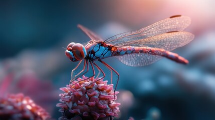 A vibrant dragonfly perched delicately on a flower.
