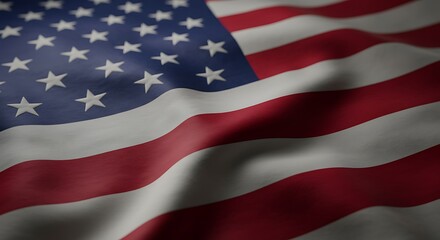Obraz premium A majestic American flag billowing in the wind, a powerful symbol of freedom and patriotism, with deep red and white stripes and vibrant blue stars.