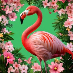 A vibrant flamingo surrounded by colorful tropical flowers and lush greenery.
