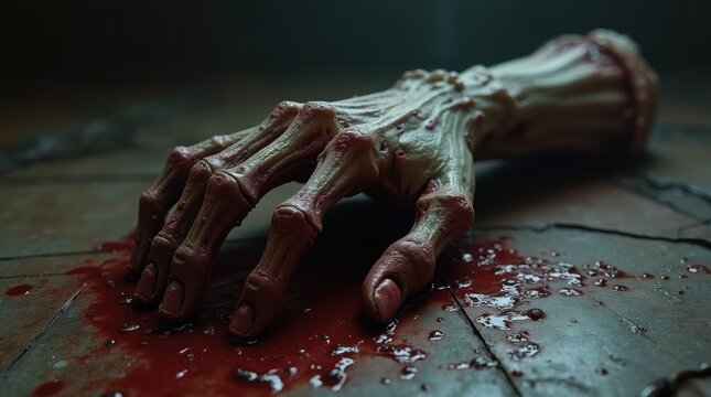 Severed zombie hand with decaying flesh and exposed bones, resting on a blood-stained floor, realistic horror details - Powered by Adobe
