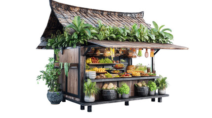 A vibrant market stall showcasing fresh fruits and vegetables surrounded by lush greenery.
