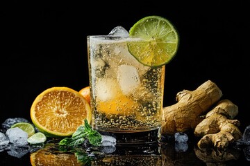 A refreshing ginger ale cocktail with lime, orange, mint and ice on a black reflective surface
