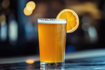 A refreshing beer with orange slice garnish sitting on a shiny bar top with a blurred background