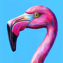 A vibrant pink flamingo with a striking blue background, showcasing nature's beauty.