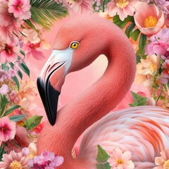A vibrant pink flamingo surrounded by colorful tropical flowers.