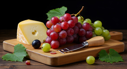 Artisan Cheese and Fresh Grapes on Wooden Cutting Board Still Life