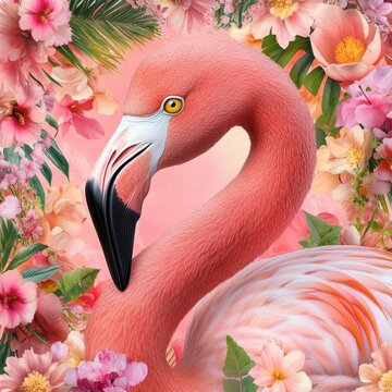 A vibrant pink flamingo surrounded by colorful tropical flowers.