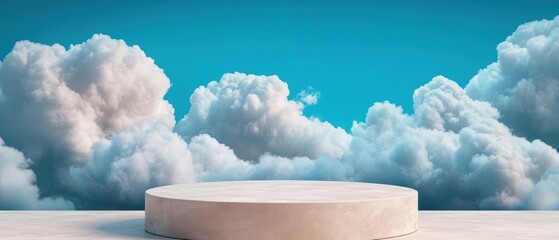 Minimalist platform on a cloudy blue sky background for displays.