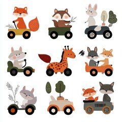 Playful animals driving cute cars in a whimsical design for children's art.