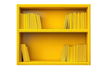 Bright yellow bookshelf filled with vibrant books in a minimalist indoor setting