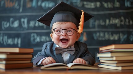 Baby academic wearing graduation cap and glasses, reading book and giggling beside classroom blackboard
