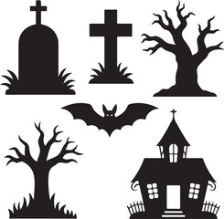  Spooky Halloween Graveyard Silhouette Set with Haunted Trees, Tombstones, Ghosts, Bats, and Skulls – Scary Cemetery Vector Collection for Horror or Halloween Design Themes